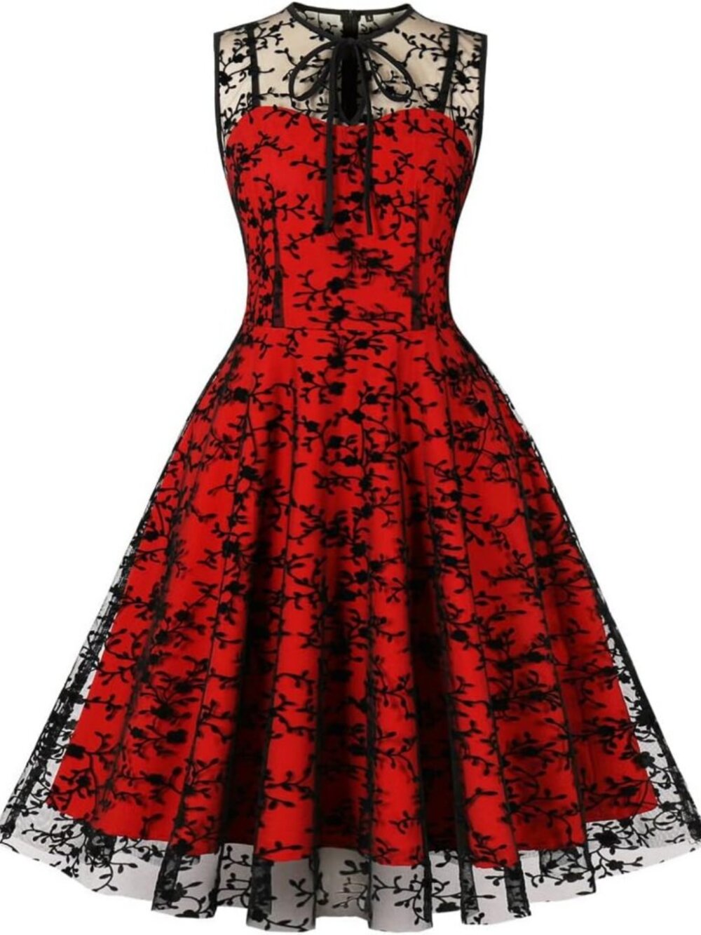 Vintage Floral Embroidery Mesh Cocktail Dress | 50s Goth A-Line Swing Dress